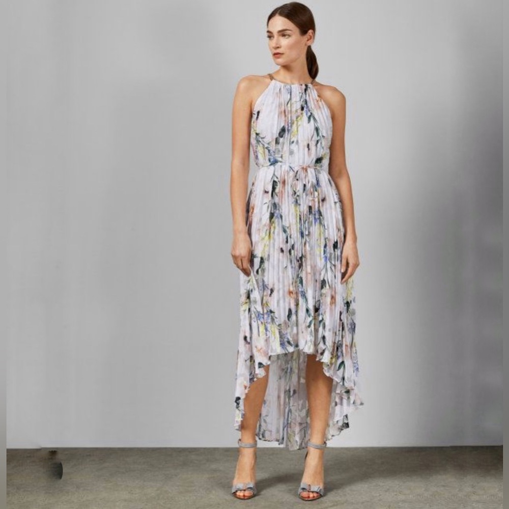 Pleated White Floral Ted Baker Halter High Low Maxi Dress, Never Worn